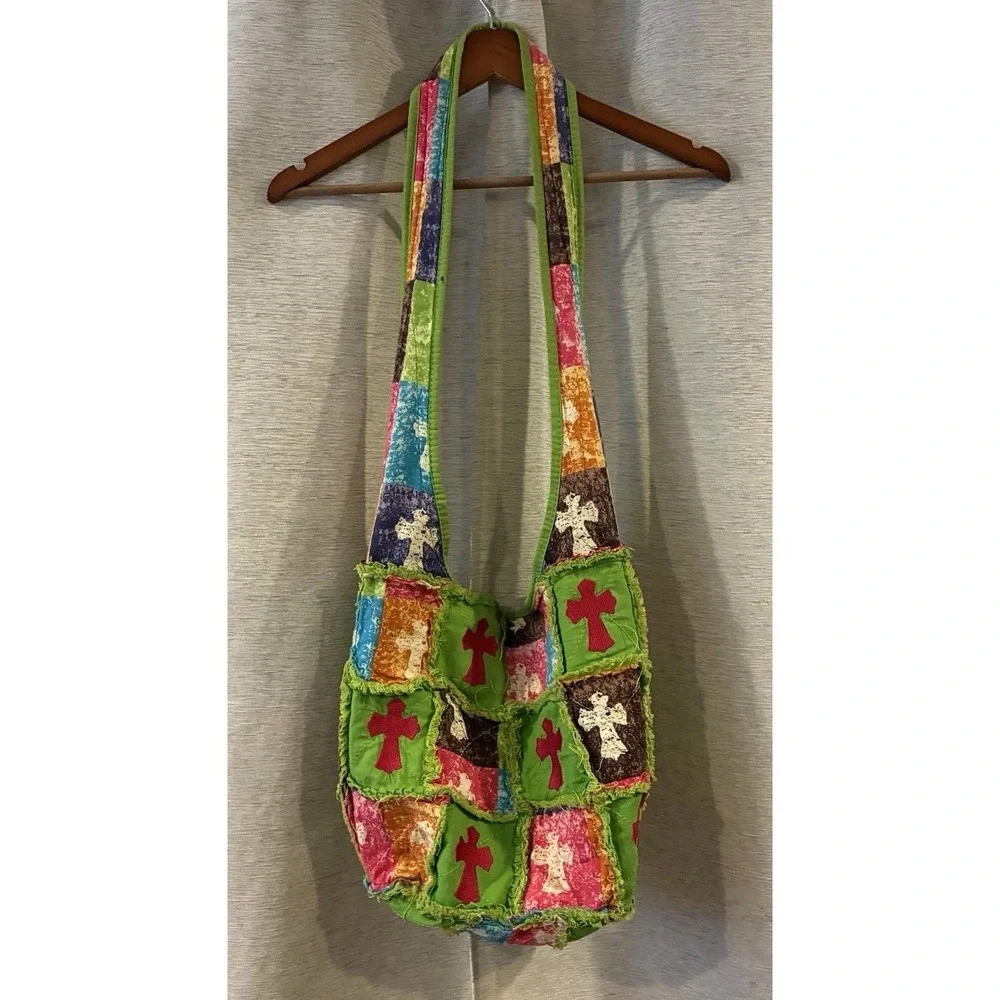 Vintage Handmade Patchwork Crossbody Bag Cross Appliqués Boho Festival